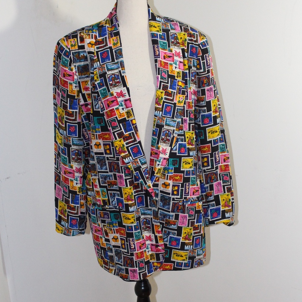 Nordstrom, Vintage Ladies Nordstrom Multi Color Stamp Print jacket X large